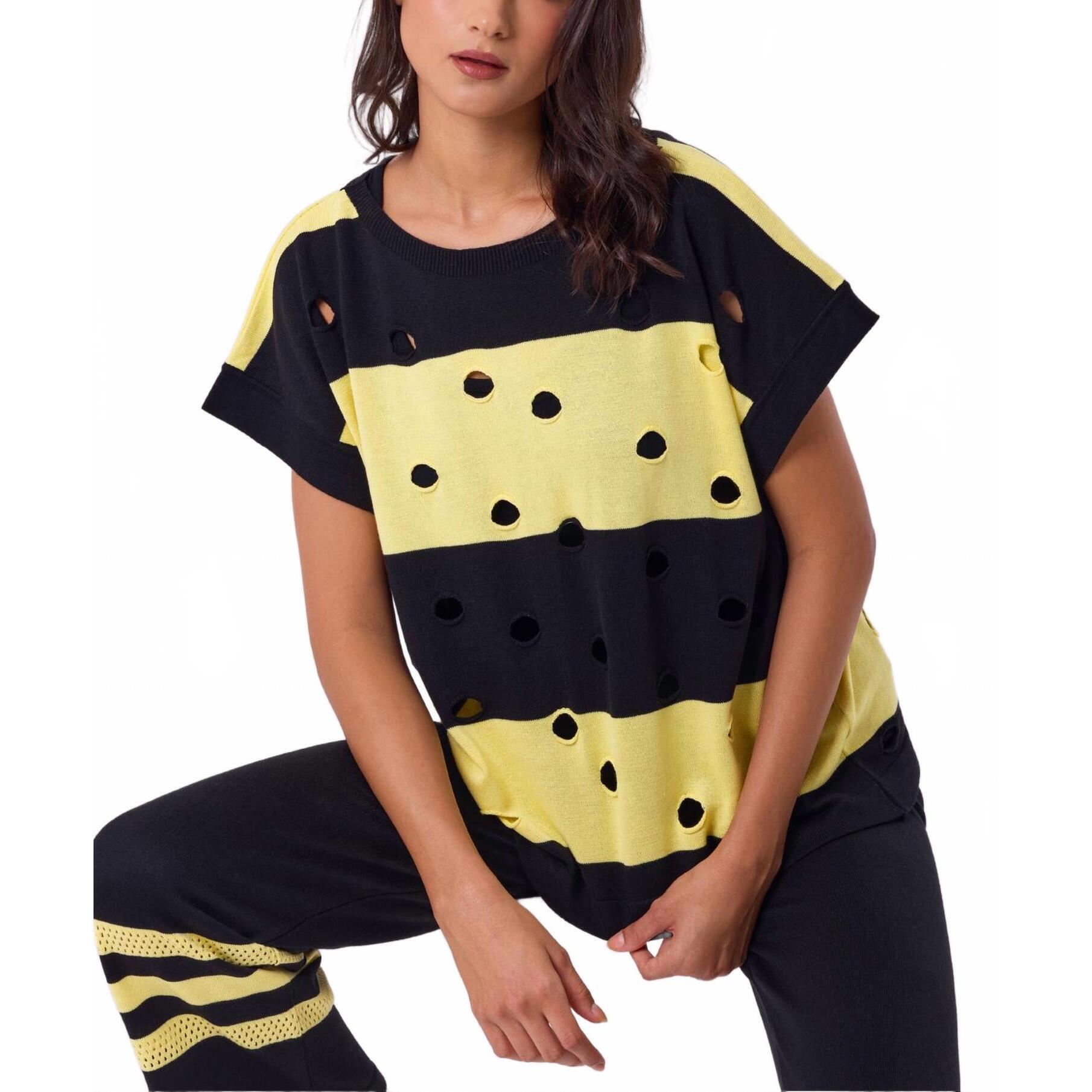 New Angel Apparel Stripe & Cut Out Knit Top In Black/Yellow
